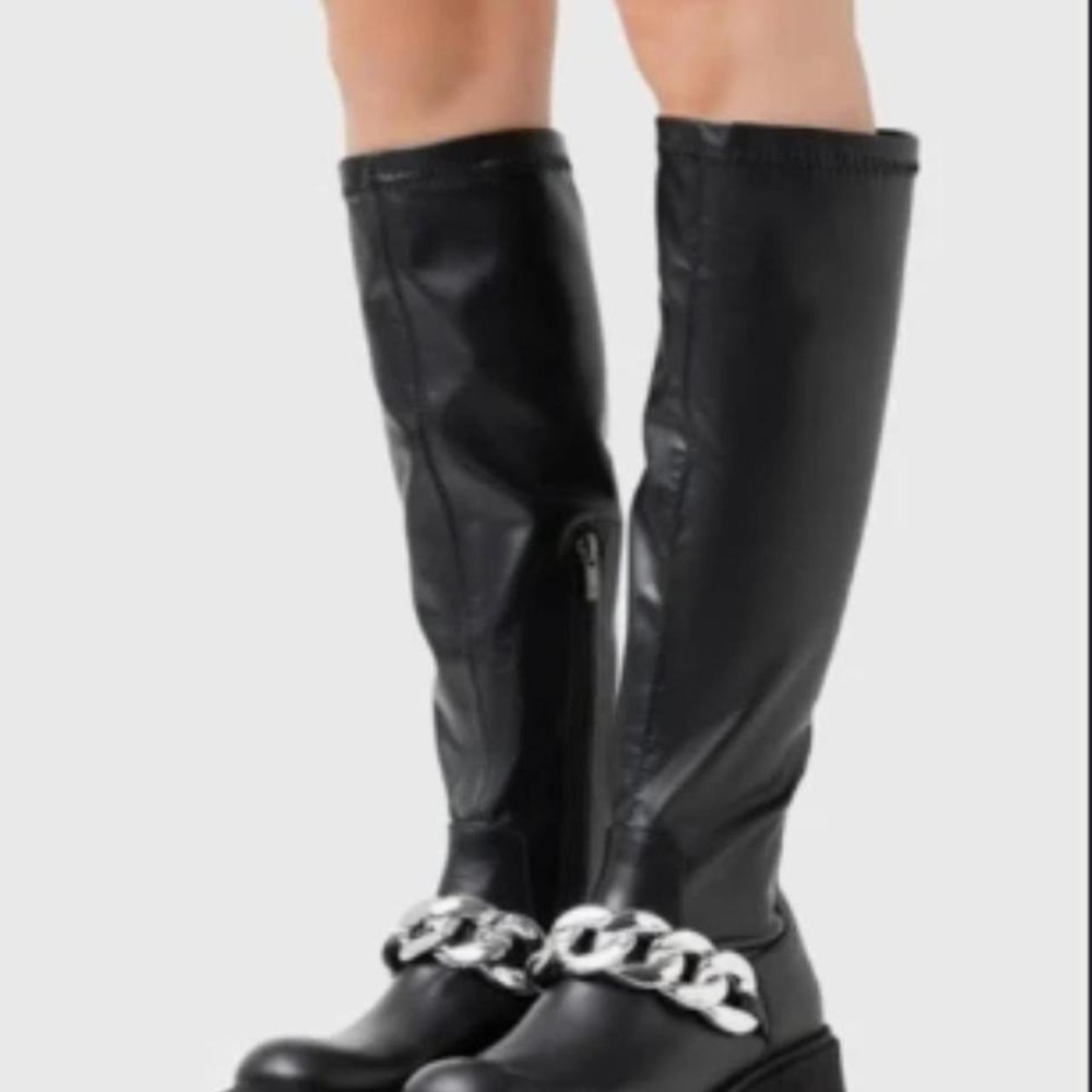 Aldo Black Tall Combat Boots Silver Chain Detail Lug Sole Knee High Size 38
